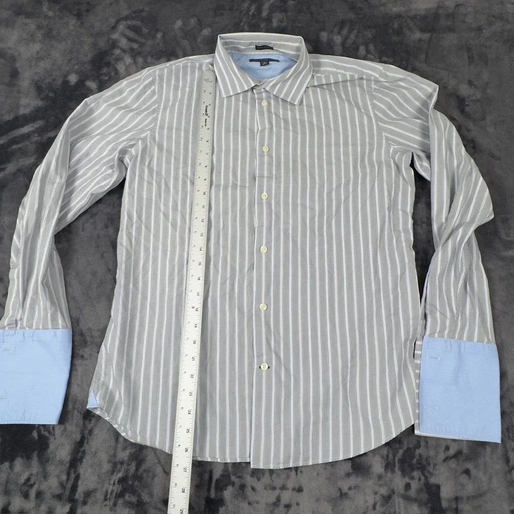 Banana Republic Dress Shirt Mens M 15-15.5 Grey Blue Striped French Cuff‎ Fitted